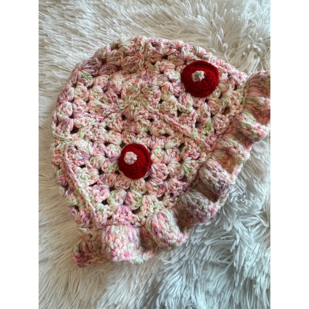 Handmade Crochet Ruffle Hat Pink Variegated Knit Beanie with Red Appliques